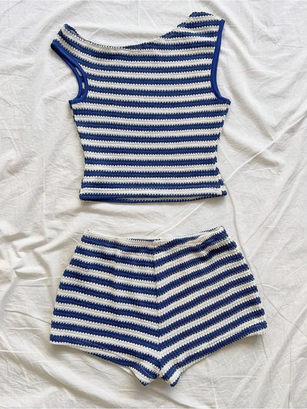 Striped Crochet Tank and Shorts Set - Blue & White